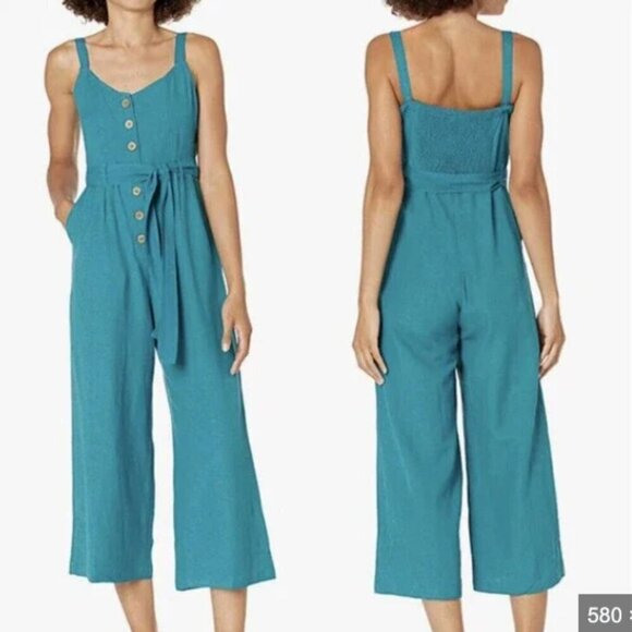Roxy Pants - ROXY Mind Trip Jumpsuit Sz S Biscay Bay Teal Waist Tie Smocked Back Linen Blend